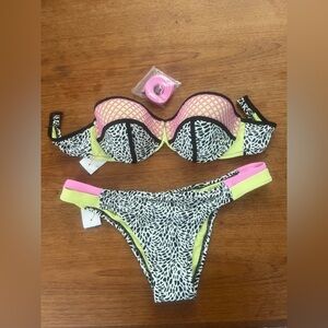 Shade & Shore Black and White Animal Print Bikini with Neon/Pink Accents 2pc